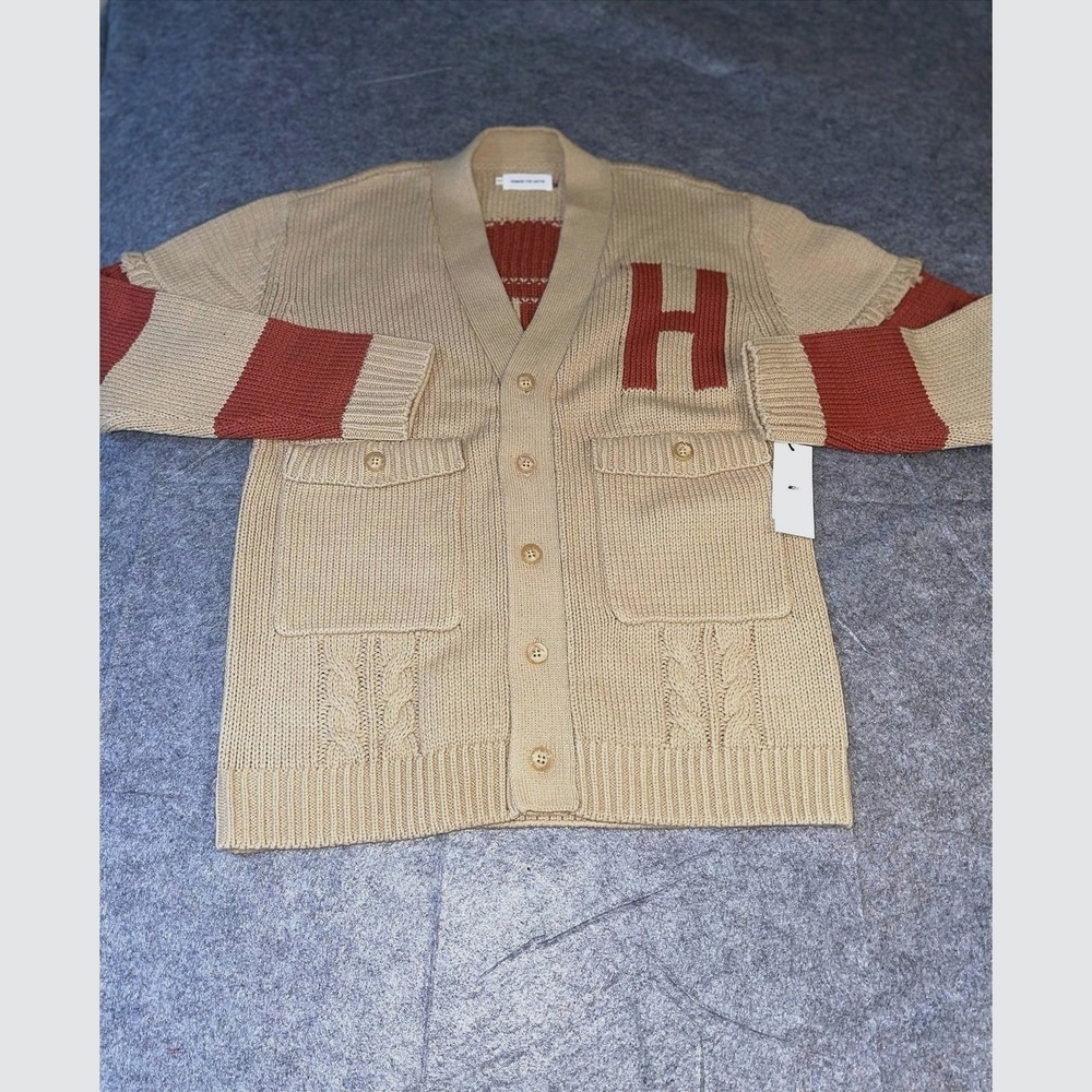 Honor The Gift Varsity Crest Knit Cardigan Sweater Tan Beige Red XS